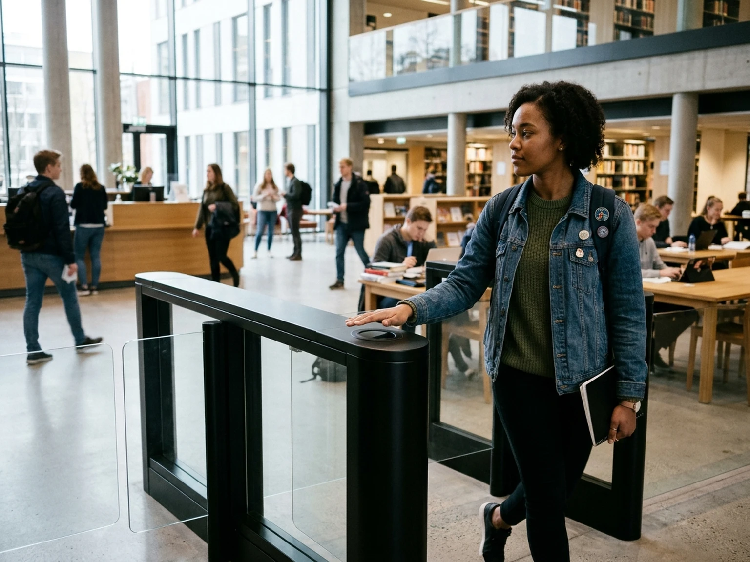 University student passing through speed gate turnstiles with palm biometric attendance