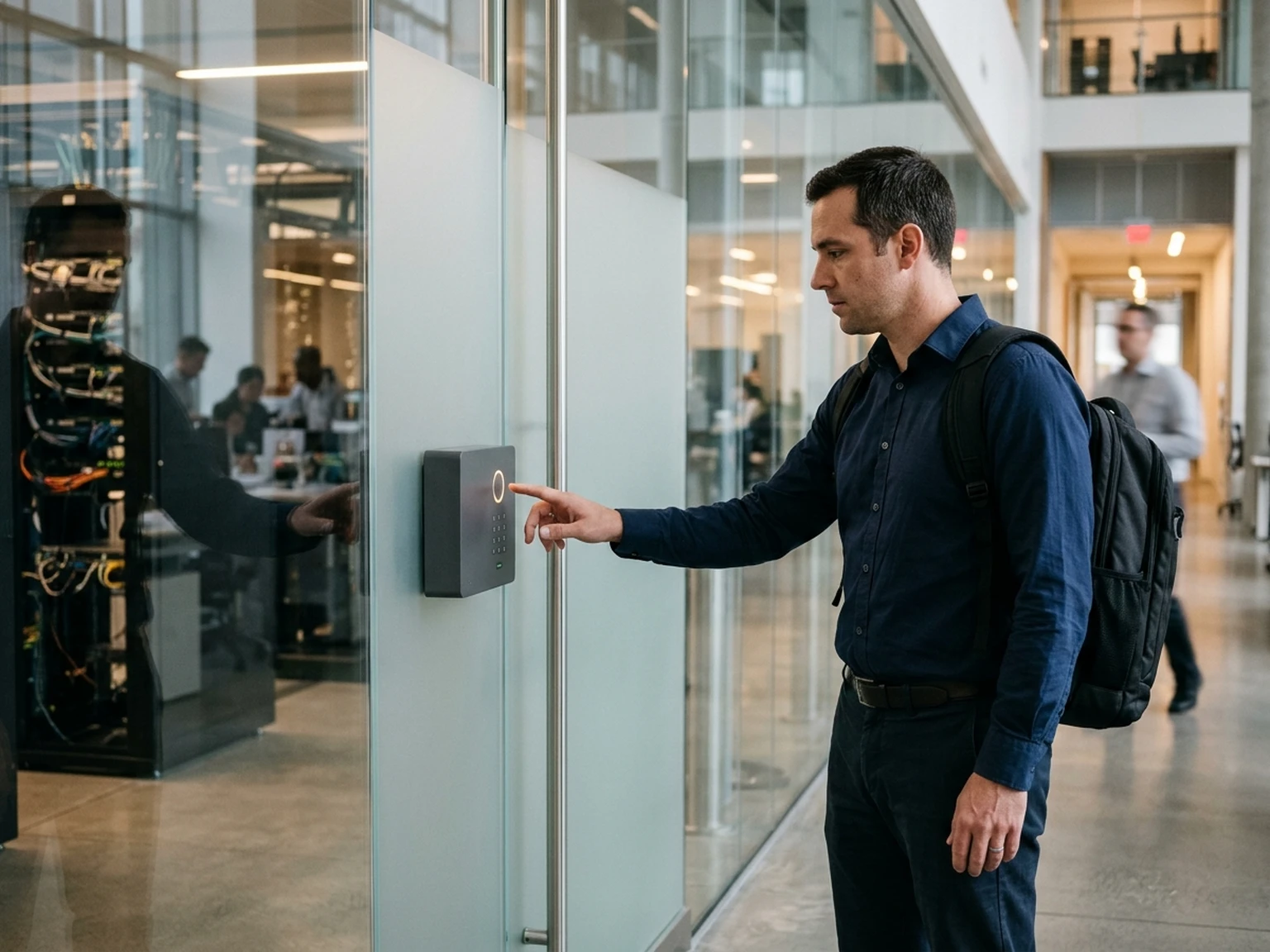 Systems engineer accessing high-security infrastructure room with wall-mounted palm reader