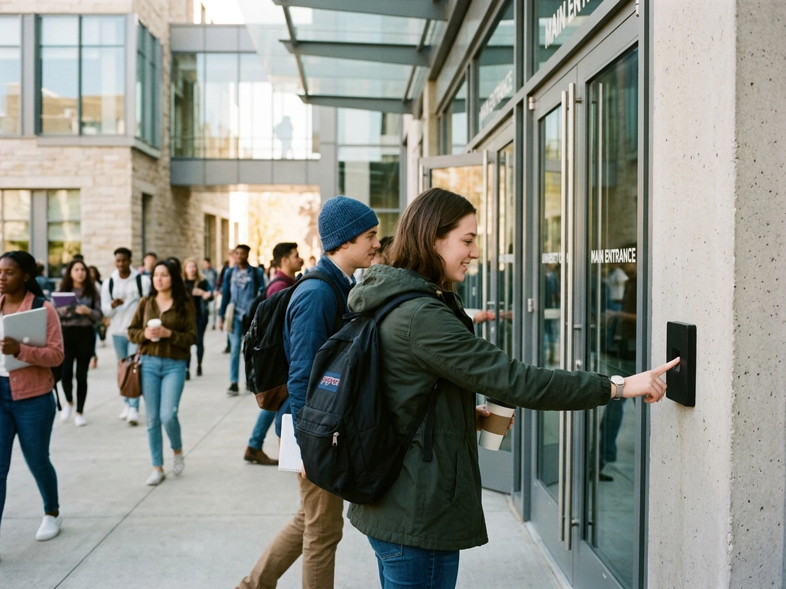 University students using contactless palm access at modern campus building entrance
