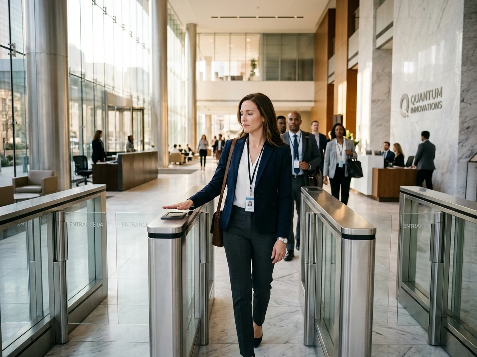 Corporate professional walking through glass turnstiles with seamless palm biometric verification