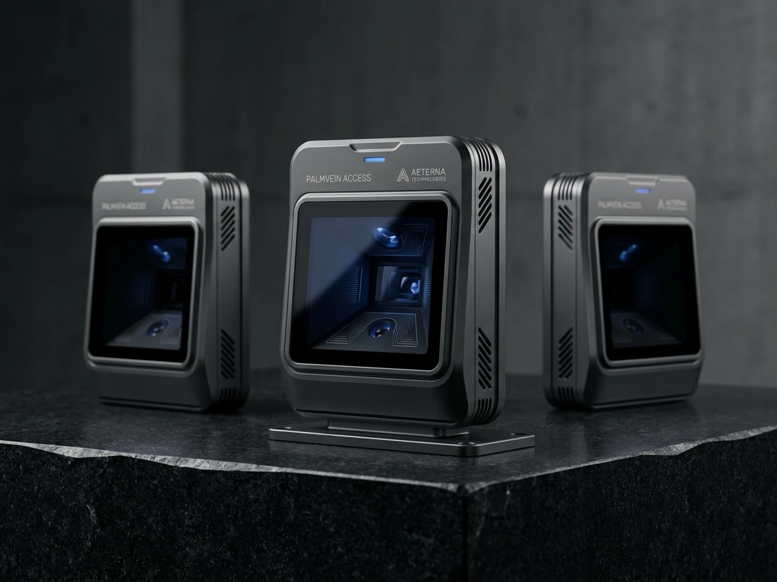Precision-engineered biometric palm vein scanner terminals on architectural pedestal