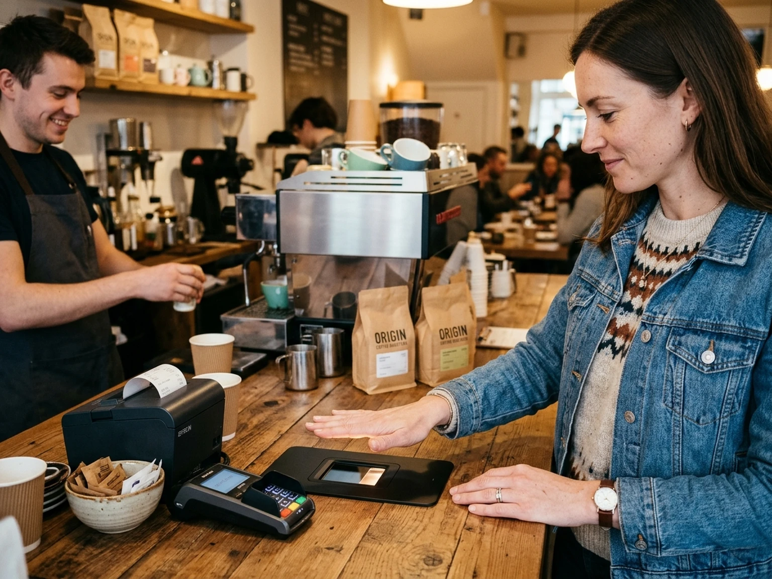 Customer effortlessly paying with palm recognition at contemporary cafe counter