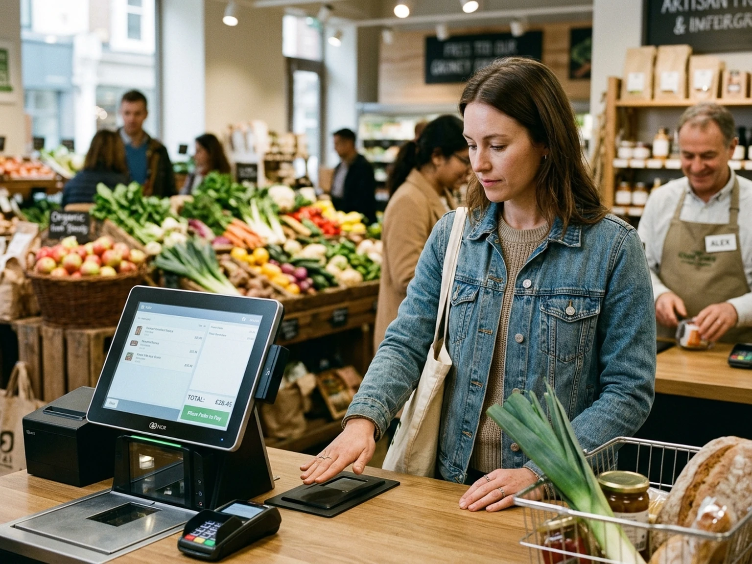 Customer completing effortless contactless palm payment at retail grocery checkout